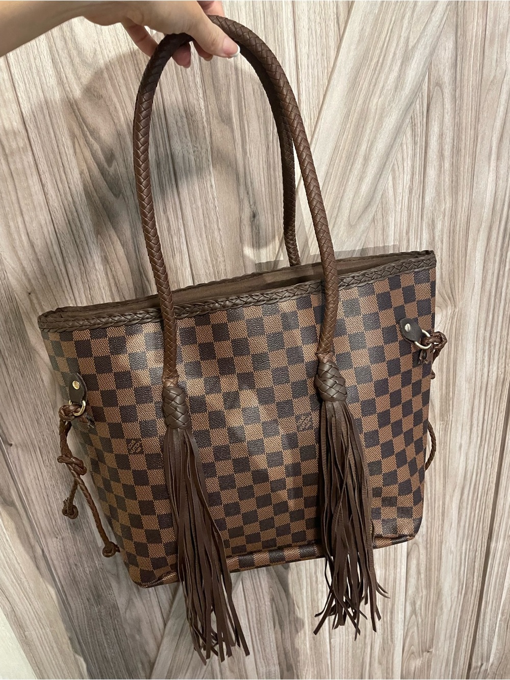 Brown Checkered Fringe Tote Bag